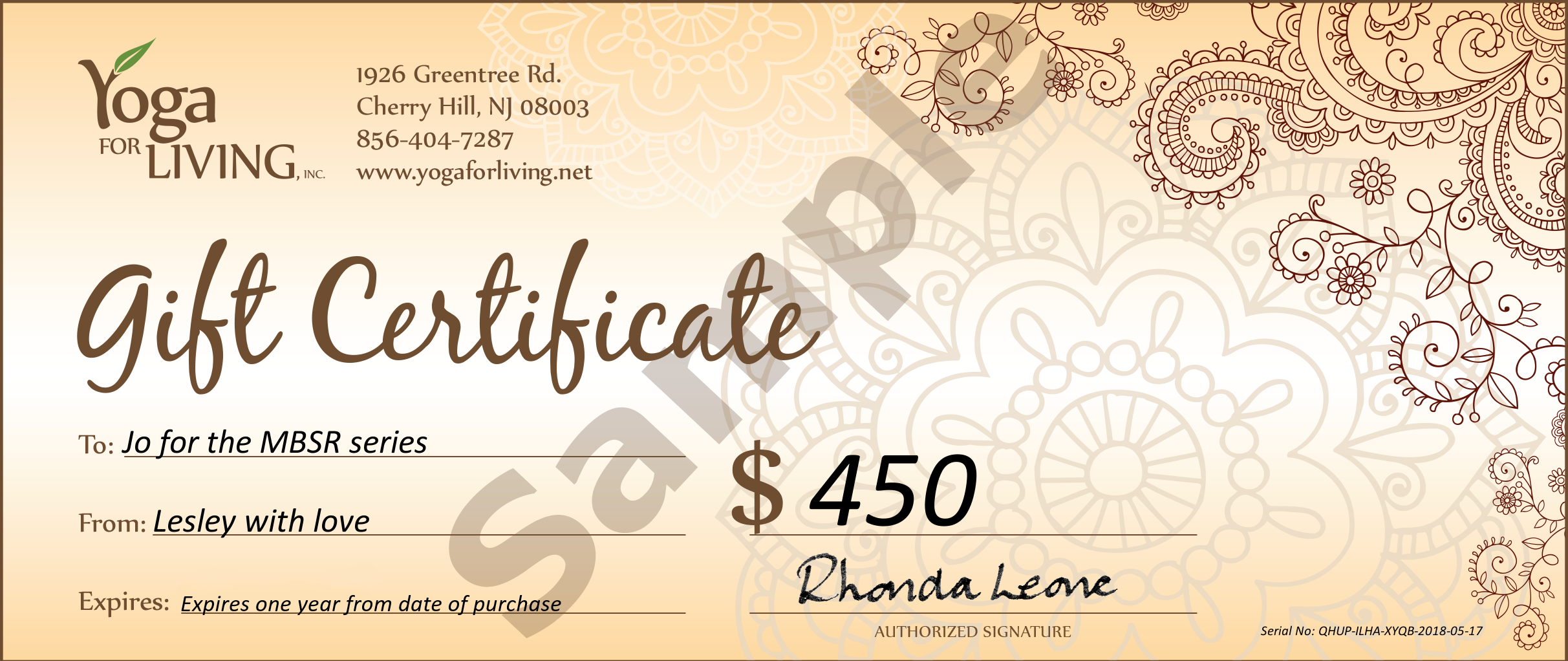 Image of Gift Certificate Sample